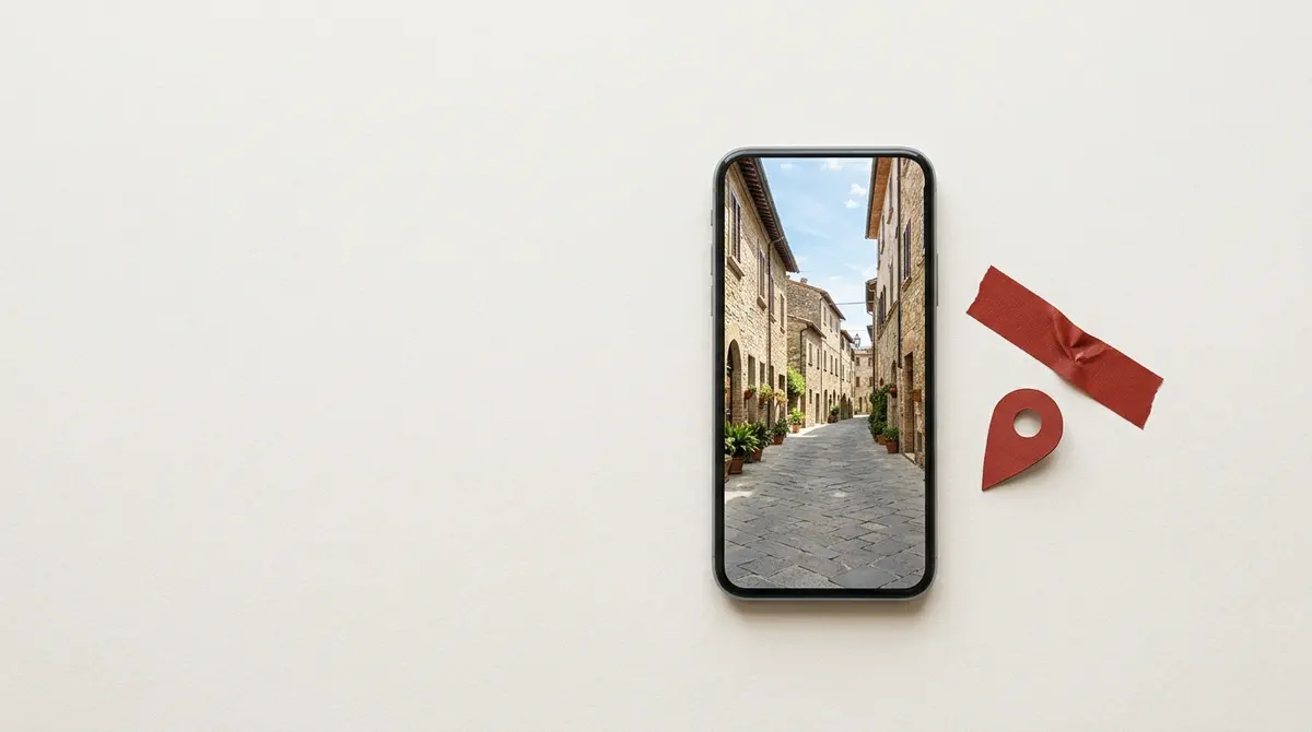 An iPhone showing a photo of a narrow stone street, with a red paper map pin knocked over beside it and a strip of red tape laid across.