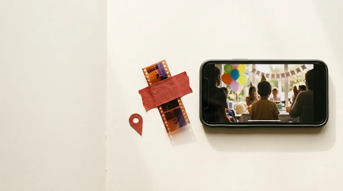 An iPhone showing a paused video of a birthday party, beside a strip of film with one frame covered in red tape and a small red paper map pin.