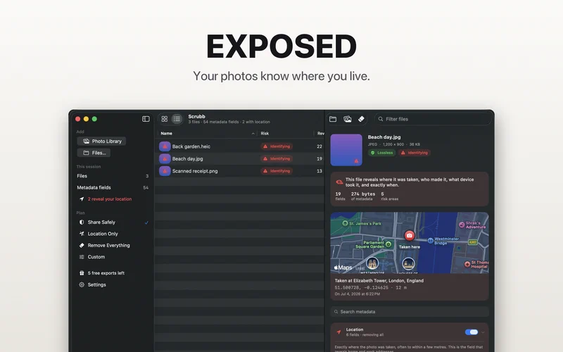 Scrubb's Mac inspector showing a sample JPEG, its location map and metadata categories beside a list of files.