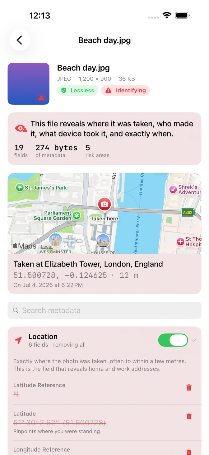 Scrubb inspecting a photo on iPhone: the file Beach day.jpg is flagged Identifying, a summary reads 19 fields and 5 risk areas, a map is pinned to Elizabeth Tower in London beside its GPS coordinates, and the Location section lists six values struck through ready for removal.