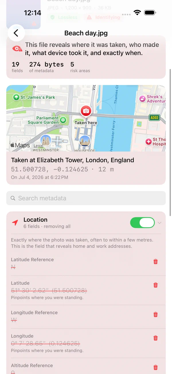 Scrubb's inspector scrolled to the Location section, where six fields including Latitude and Longitude show their real values struck through in red, each with a delete control, and a note reading Pinpoints where you were standing.